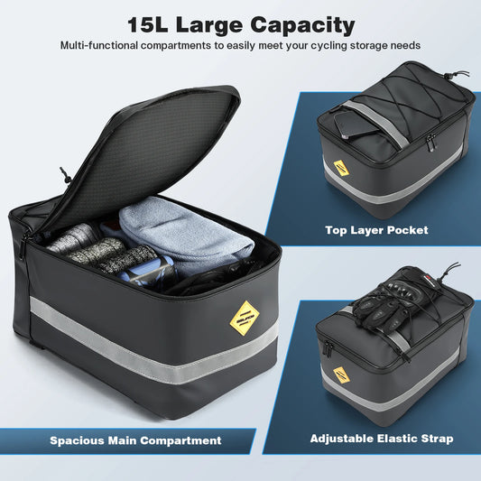 15L Waterproof Bike Rack Bag - PU Leather Rear Carrier with Reflective Straps for Commuting - wEbike