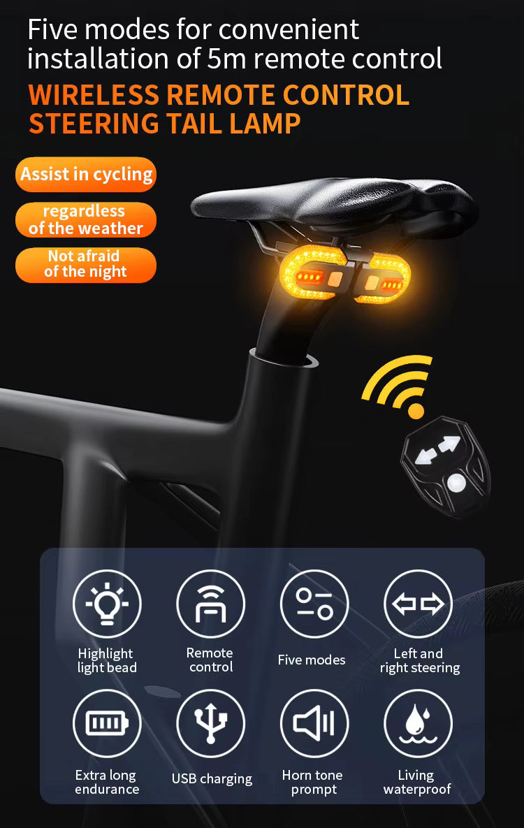 Wireless Bike Turn Signal Rear Light with Remote Control - USB Rechargeable LED Tail Light for Night Riding Safety - wEbike