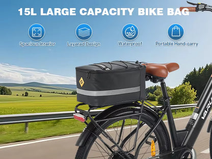 15L Waterproof Bike Rack Bag - PU Leather Rear Carrier with Reflective Straps for Commuting - wEbike