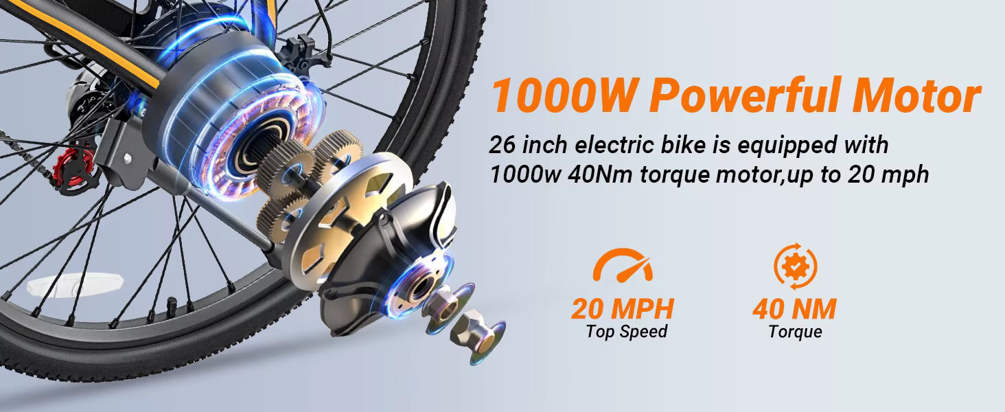 1000W Lightweight Electric Mountain Bike - 50 Mile Range 30MPH 26" E-Bike for Adults - wEbike