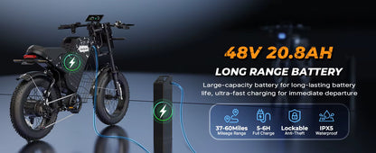 1000W Motorcycle-Style Electric Bike with 60 Mile Range - 28MPH Fat Tire E-Bike for Adults - wEbike