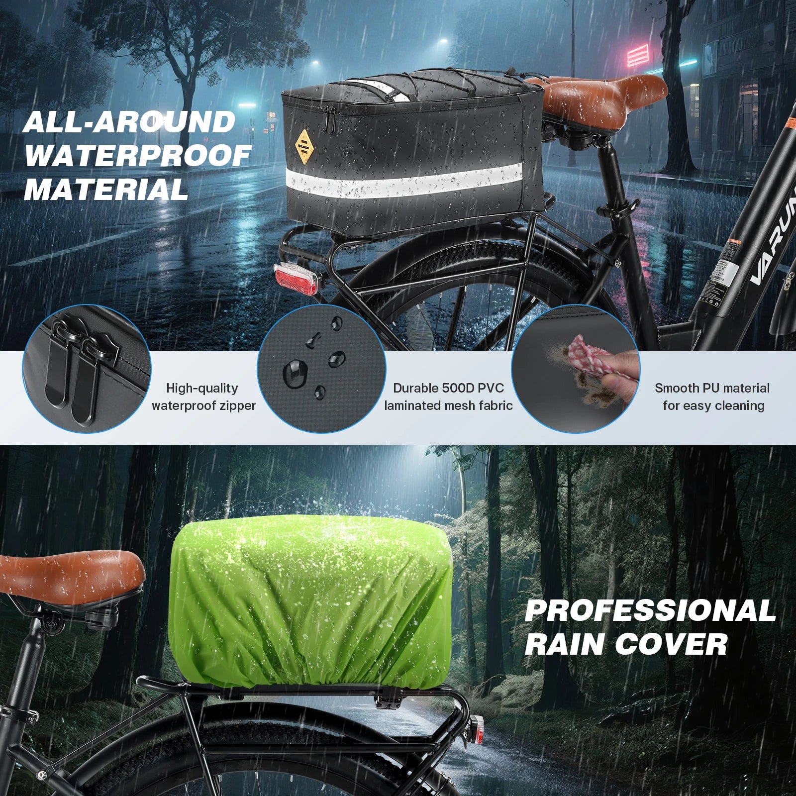 15L Waterproof Bike Rack Bag - PU Leather Rear Carrier with Reflective Straps for Commuting - wEbike