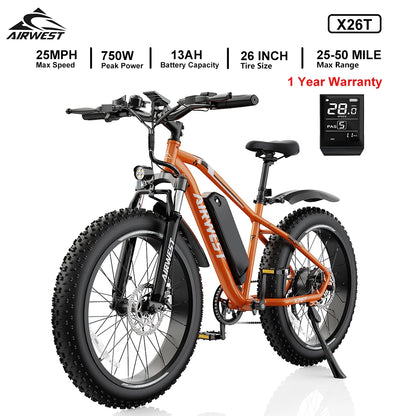 750W All-Terrain Electric Bike with 26" Fat Tires - 50 Mile Range 25MPH E-Bike for Adults - wEbike