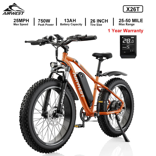 750W All-Terrain Electric Bike with 26" Fat Tires - 50 Mile Range 25MPH E-Bike for Adults - wEbike