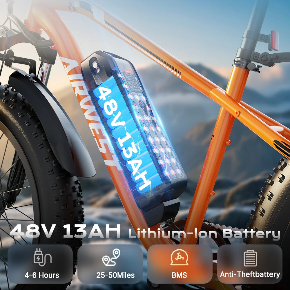 750W All-Terrain Electric Bike with 26" Fat Tires - 50 Mile Range 25MPH E-Bike for Adults - wEbike