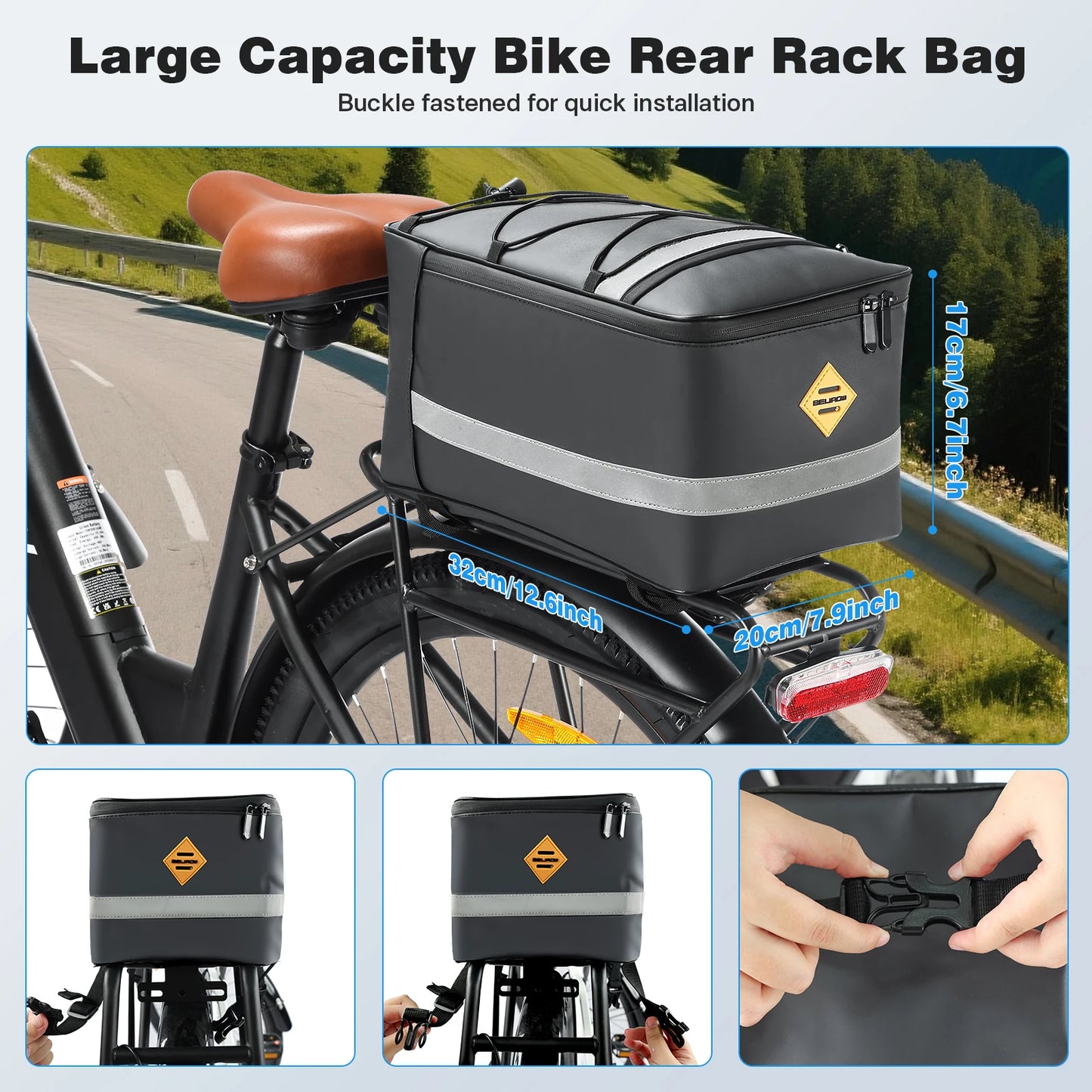 15L Waterproof Bike Rack Bag - PU Leather Rear Carrier with Reflective Straps for Commuting - wEbike