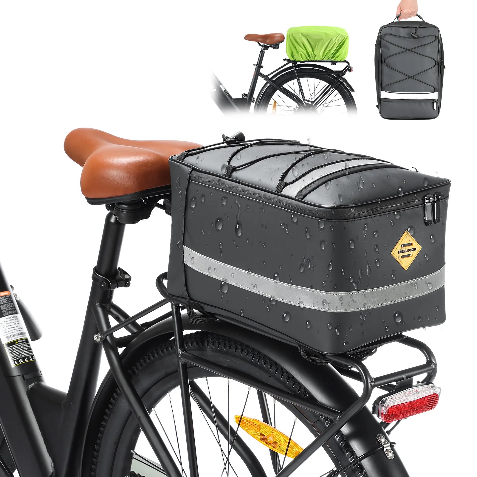 15L Waterproof Bike Rack Bag - PU Leather Rear Carrier with Reflective Straps for Commuting - wEbike