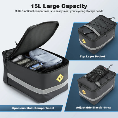 15L Waterproof Bike Rack Bag - PU Leather Rear Carrier with Reflective Straps for Commuting - wEbike